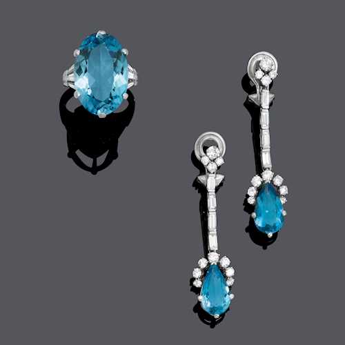 AQUAMARIN-DIAMANT-OHRHÄNGER UND RING.