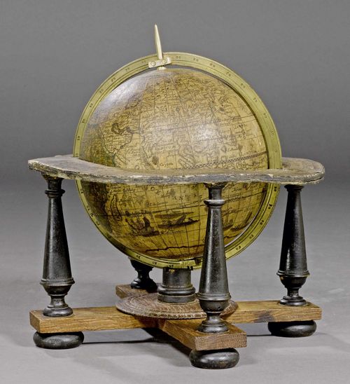 SMALL GLOBE,Baroque, signed, dated and inscribed JOH.PHIL.ANDREAE MATHEM ET MECH (Johann Philipp Andreae, 1700-1760), Nuremburg 1726. Hardwood. Finely painted globe with metal ring and support ring on replaced pillar legs. H 22 cm.