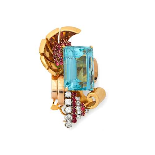 AQUAMARINE, RUBY AND DIAMOND CLIP, ca. 1940.