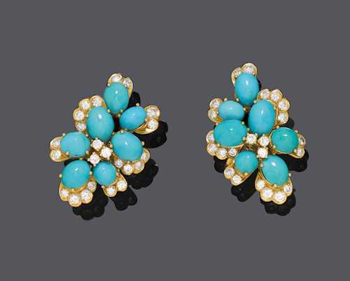 TURQUOISE AND DIAMOND EARCLIPS.