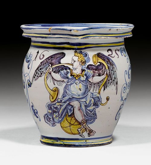 FAYENCE POT WITH HANDLES,Winterthur, workshop Hans Heinrich II Pfau, dated 1625. Painted blue, manganese and yellow with an allegorical winged figure of triumph, between blossoming tendrils. H 17 cm. Spout repaired.