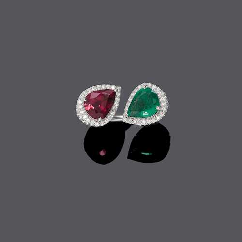 EMERALD, RUBELLITE AND DIAMOND RING.