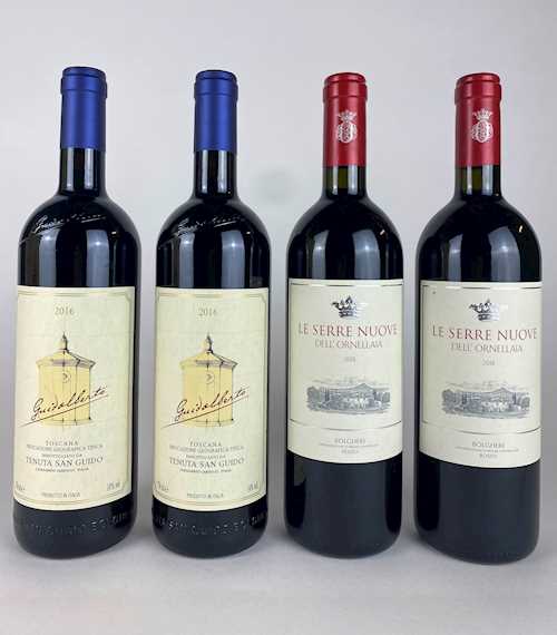 Lot de 4: 2 bts Toscana Tenuta San Guido "Guidalberto" 0.75 L 2016; 2 bts Bolgheri Tenuta dell'Ornellaia "Le Serre Nuove" 0.75 L 2018