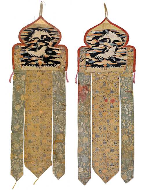 A PAIR OF TEMPLE HANGINGS EMBROIDERED WITH CRANES.