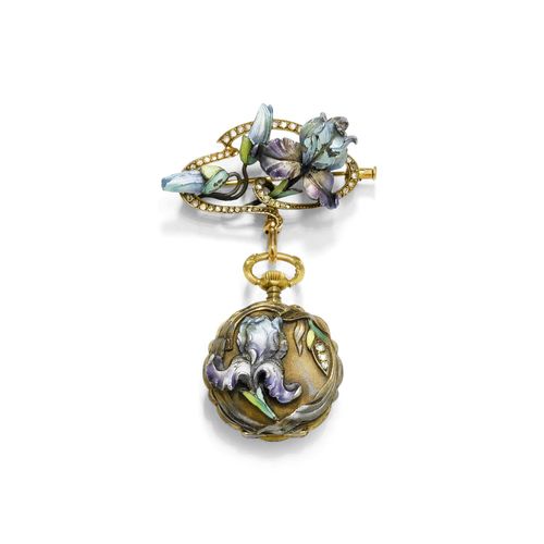 ENAMEL AND DIAMOND ART NOUVEAU PENDANT WATCH, LE COULTRE, ca. 1900. Yellow gold and silver. Round case No. 28761, decorated with appliqued flower ornaments designed as sculptured irises enamelled in shades of pastel and additionally decorated with 3 rose-cut diamonds, maker's mark GP. Enamelled dial with blue Arabic numerals and gold-coloured hands, unsigned. Cylinder movement signed Le Coultre & Cie. Mounted on a fine brooch with similarly shaped, enamelled flowers and a diamond-set band motif. D 26 mm.