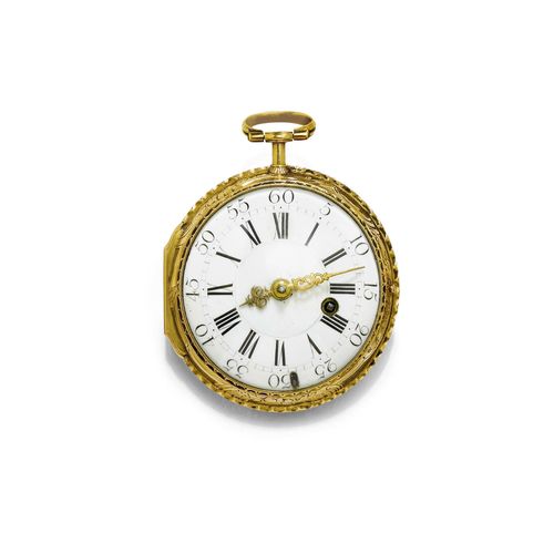VERGE WATCH, JACOB MELLY, Geneva, ca. 1780. Pink gold, 78g. Gold case with tendril ornaments, the back decorated with 1 engraved flower basket framed by volute and floral motifs, 1 small dent. Enamelled dial with black Arabic numerals and outer minute division with Arabic numerals, gold-coloured Louis-XV hands, key winder at 3-4h. Fire-gilt verge escapement with fusee and chain, decorated pillars, signed Jacob Melly Genève No. 806. With key. Movement is blocked, needs revision. D 48 mm.