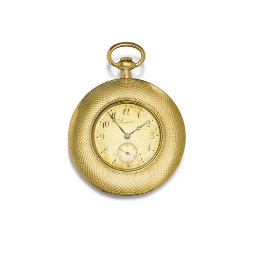 POCKET WATCH LONGINES, ca. 1920. Yellow gold 585. Flat, engine-turned gold case No. 2035925 with broader engine-turned lunette and monogram engraving on the back. Small, gold-coloured dial with Arabic numerals and blue Breguet hands, small second, slightly oxidized, signed Longines. Small lever movement No. 2035925, Cal. 2210Z, with Breguet spring, bimetallic balance. D 45 mm.
