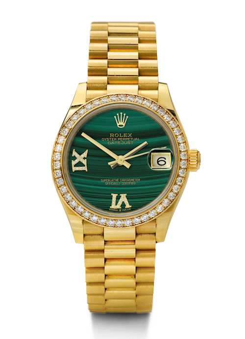 Rolex, very attractive and rare Lady&#39;s wristwatch with malachite dial, 2019.