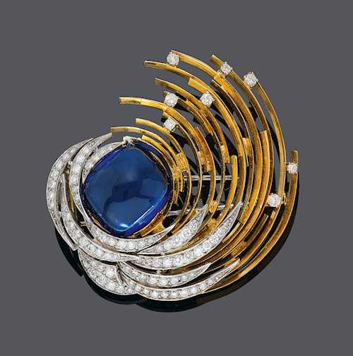 TANZANITE AND DIAMOND BROOCH/PENDANT, GRIMA, ca. 1965.