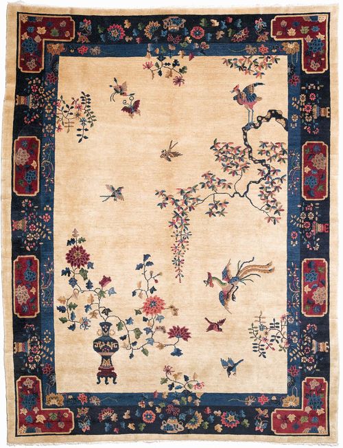 CHINA old.Beige ground with dark blue border, patterned with plants and birds, 280x351 cm.