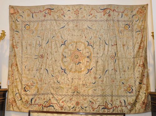 CHINESE EMBROIDERY, SILK antique.Beige ground, finely patterned with flower garlands and birds in soft pastel colors, 210x280 cm.