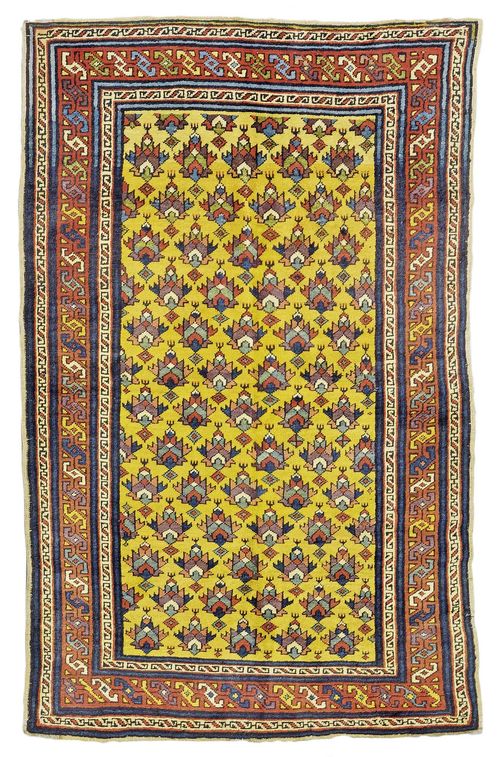 DAGESTAN antique.Yellow central field with geometric pattern, red border, traces of wear, 107x165 cm.