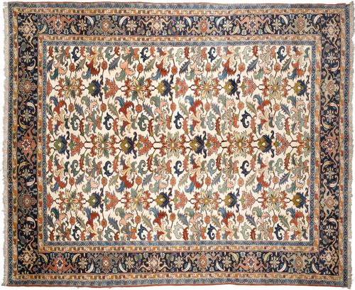 HERIZ old.White ground, allover pattern with plant motifs in harmonious colors, dark blue border, 400x500 cm.