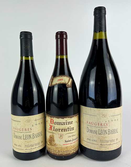 Lot de 3: 1 mg Faugères Léon Barral "Jadis" Rouge 1.5 L 1995; 1 bt Faugères Léon Barral "Jadis" Rouge 1995; 1 bt Saint-Joseph D. Florentin "Le Clos" Rouge 0.75 L 2001