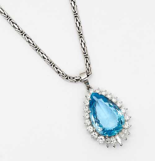 AQUAMARINE AND DIAMOND PENDANT WITH CHAIN, GÜBELIN.