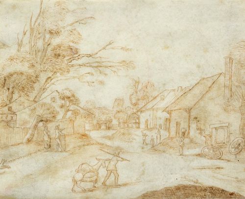 DUTCH SCHOOL, 16TH CENTURY Village scene with figures, donkey and dog. Brown pen on vellum. 11.5 x 14.8 cm. Provenance: - Carel Emil Duits, (b. 1822), London, Lugt 533 a - further collector’s stamp verso, not in Lugt