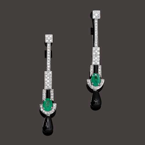 EMERALD, ONYX AND DIAMOND EAR PENDANTS.