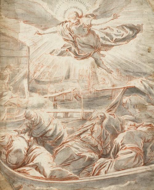 ITALIAN SCHOOL, 17TH CENTURY The dream of Saint Mark. After Tintoretto. Brown pen, grey wash, heightened with white. On laid paper with watermark. Clover leaf with monogramm GB. Old inscription lower right in brown pen: Tintoret. 36 x 29 cm. Framed.