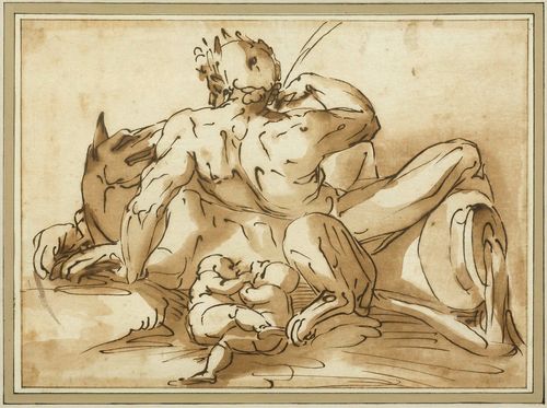 Copy of CAMBIASO, LUCA (Monéglia 1527 - 1585 San Lorenzo de El Escorial), The Roman she-wolf with Romulus and Remus and the river god Tiber. Brown pen, brown wash, with travces of black chalk. Mounted. 21 x 28 cm. Framed.
