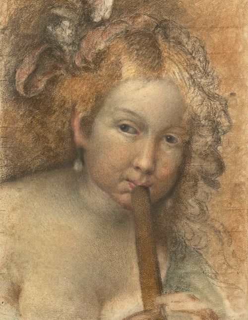 ITALIAN SCHOOL, 19TH CENTURY A young girl playing a flute. Pastel. Squared with black chalk. 48 x 38.5 cm. Framed.