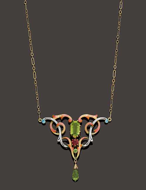 ENAMEL, PERIDOT AND GARNET NECKLACE, ca. 1900.
