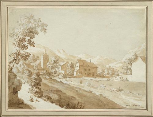 HACKERT, CARL LUDWIG (Prenzlau 1740 - 1796 Morges) Village in Savoy. Black chalk and brown wash. Signed lower right in brown pen: Carl Hackert. Entitled and inscribed verso by an unknown hand. 21.5 x 29.7 cm. Framed.