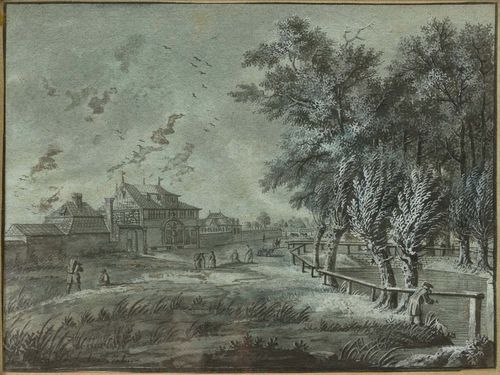 ZEHENDER, JOHANN KASPAR (1742 Schaffhausen 1805) Idyllic estate busy with people. Grey and black pen, with grey and brown wash and heightened in white, on blue laid paper. The outer line in black pen. Signed lower left: J.C. Zehender fecit ad Natur. 15 x 20 cm. Framed.