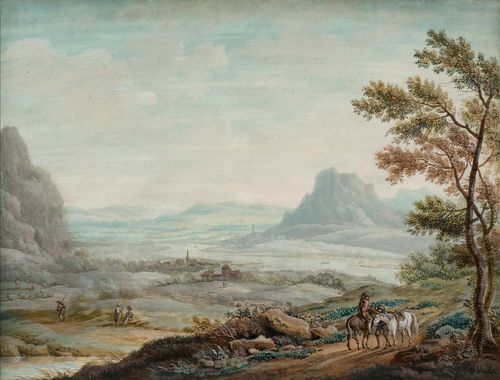 Attributed to BLARENBERGHE, LOUIS-NICOLAS VAN (Lille 1716 - 1794 Fontainebleau) View of a broad river plain with two riders in the foreground. Gouache on vellum, heightened with white. Verso old numbering and inscription in brown pen: 16/19 EWL. 16.6 x 21.7 cm. Framed.