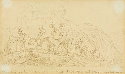 TOEPFFER, WOLFGANG ADAM (1766 Geneva 1847) Journey over the Alps, 1833. Brown pen. Inscribed and dated in French in brown pen below the image. 15 x 24 cm. Framed.