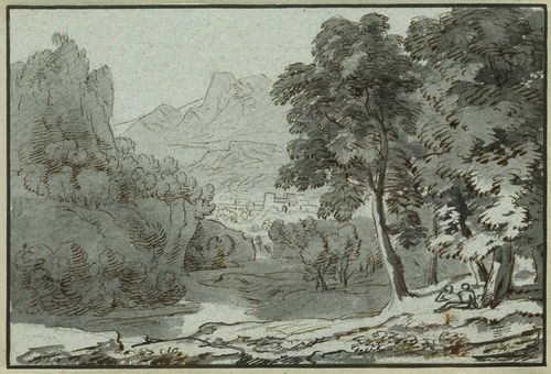 MIVILLE, JAKOB CHRISTOPH (1786 Basel 1836) Italian landscape with encampment. Brown and black pen, black crayon and grey wash. On blue laid paper. The outer line in black pen. Old mount. 18 x 26.5 cm. Framed.