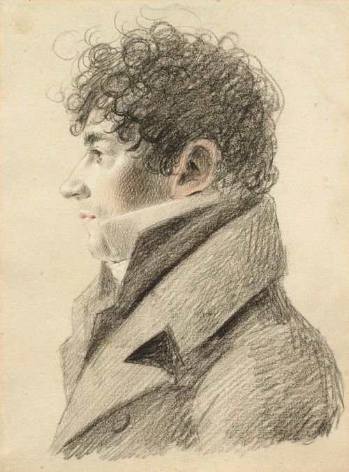 OERI, HANS JAKOB (Kyburg 1782 - 1868 Zurich). Portrait of a young man in profile to the left. Black and red-brown chalk. Old inscription verso on the back of the frame: Johann Jakob Oeri Herrenporträt. 35.5 x 25.5 cm. Framed. Provenance: - collection of  Otto Wessner, St. Gallen, Lugt 2562a