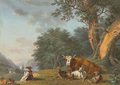 LANDERSET, JOSPEH DE (1753 Fribourg 1824) 1. Landscape with herdswoman, cow and goats 2. Landscape with herdswoman, cow and sheep. Pair of works. Gouache. Each monogrammed lower left: JL. Each 40 x 54 cm (image). Gold frames.