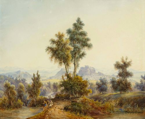 WOLFENSBERGER, JOHANN JAKOB (Rumlikon 1797- 1850 Zurich) Landscape with view of the Acropolis in Athens. Watercolour. Dedicated, signed and dated in brown pen on lower margin: Donné a son ami M. Bodmer par J.J. Wolfensberger 1848. Jan. 1st. 53 x 74 cm (image). Framed. Provenance: collection of  J.J..Arnold Escher (label verso).