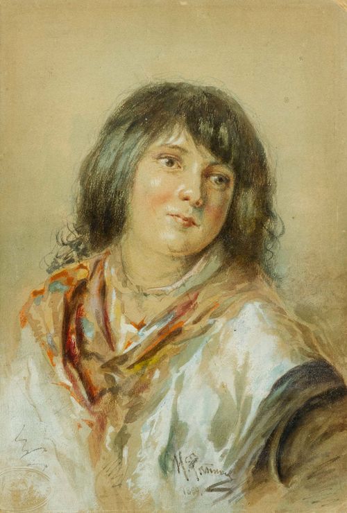 REPIN, ILJA JEFIMOWITSCH (Tschugujew1844 - 1930 Kuokkala) Portrait of a peasant girl. Black crayon and watercolour heightened with white. Partly varnished. On paper laid on board. Signed and dated centre bottom: 1899. With embossed stamp lower left. 31.5 x 21.5 cm. Framed.