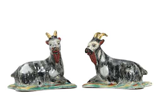 A PAIR OF SMALL FAIENCE BILLY GOATS