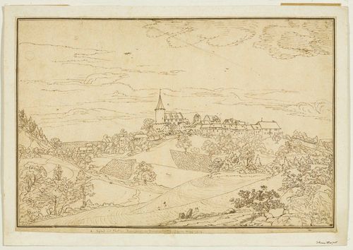 CANTON OF ZURICH.-Johann Friedrich Wagner (1801- um 1850). Schloss und Stadt beim Regensberg in Zurich... Johann Wagner fecit. Brown and black pen, with grey brush.  25 x 38 cm. The outer lines in brown and black pen. Entitled and signed below the image in brown pen. On an old backing which covers a tear from teh left margin to the centre of the image. Some minor creasing. Overall good condition.