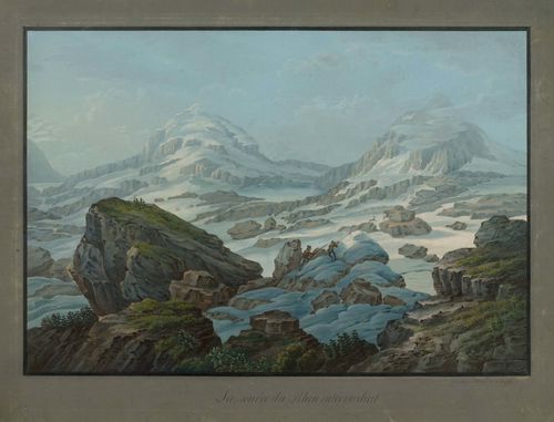 BLEULER, JOHANN LUDWIG (Feuerthalen 1792 - 1850 Schloss Lauffen).La source de Rhin intermediat, par Louis Bleuler a Schafhouse. Gouache, 32,5 x 47,5 cm. With black pen outer line and grey gouached margins. Signed and entitled in the margin. Gold frame. – Minor rubbing, the text somewhat faded. Overall fine condition.