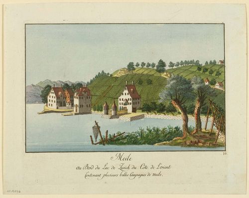 LAKE ZURICH - MEILEN.-Johannes Hofmeister (1721 Zurich 1806) and Heinrich Brupbacher (1758 Wädenswil 1835). Meile au Bord du Lac de Zurich du Côte d' L'orient, Contenant plusieurs belles Campagnes de Meile. Circa 1794. Partially coloured etching. 16.5 x 25.5 cm. With engraved number on the upper right margin: 9. Numbered in pen lower right: 10. - From the second edition of the album: "Der Zurich-See mit allen seinen Angrenzungen in seiner Lage ..." – In untouched condition with fresh colour. - Very rare.