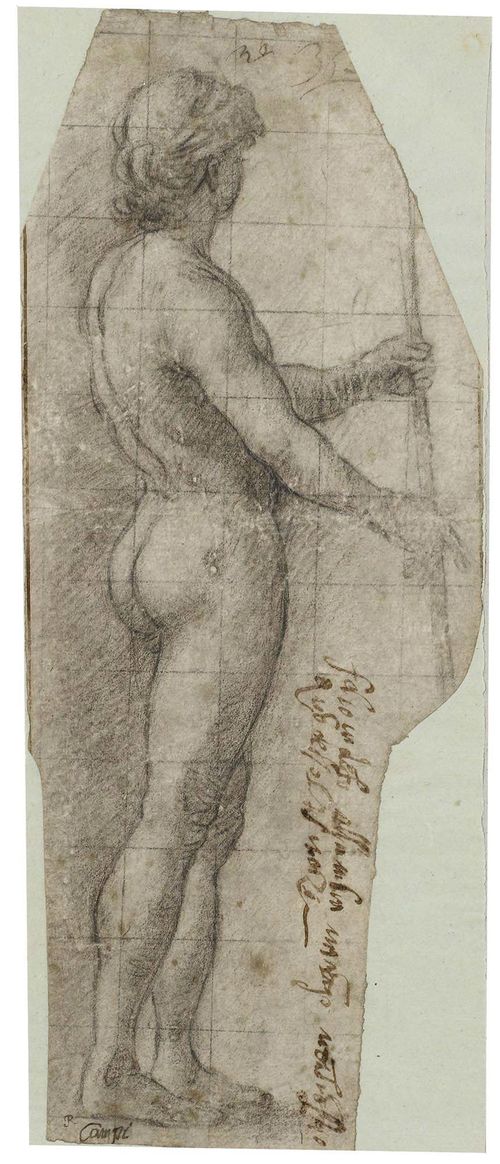 ITALIAN, 16TH CENTURY Standing male nude from the back, turned to the left and holding a staff. Black chalk, squared with black crayon. Old mount. Old inscription in brown pen in Italian in lower half of picture. Old inscription lower left: Campi 28 x 11.5 cm. Framed. Provenance: - Johnathan Richardson sen. (1665-1745), Lugt 2184