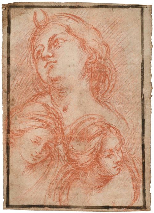 Attributed to ALBANI, FRANCESCO (1578 Bologna 1660), Three studies of female heads. Verso: studies of hands. Red chalk. On laid paper with watermark: pilgrim figure. Outer line with black pen. Verso old inscription: Albani 28.5 x 20 cm. Framed.