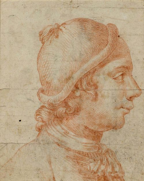 ITALIAN SCHOOL, CIRCA 1600 Portrait of a young man in cap, in profile to the right. Red chalk. 18 x 15 cm. Framed.