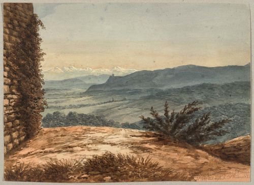 CANTON AARGAU -Anonymous, 1837. View from Habsburg with a panorama of the Alps. Watercolour, 24 x 32.8 cm. Old inscription in pencil on lower margin to the right: Habsburg, ... 3.8.1837 mit... und Bodmers.