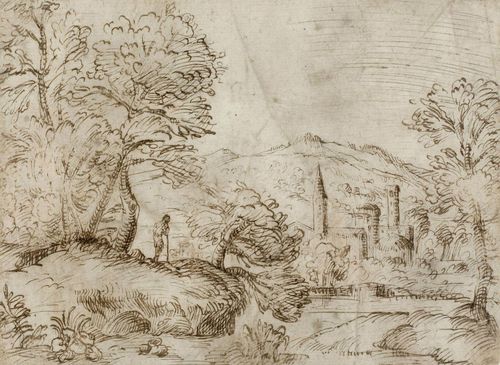 SCHOOL OF BOLOGNA, 1ST HALF OF THE 17TH CENTURY Wooded landscape with walker, and view over a town. Brown pen. 12 x 19.2 cm. Framed.