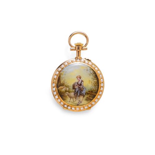 MINIATURE AND PEARL MINI PENDANT WATCH, ca. 1890. Pink gold. Case No. 11931 with a pearl frame on both sides, the back with a polychrome enamelled miniature: A shepherdess with a sheep and a dove. Enamelled dial with Arabic numerals and Louis XV hands, outer minute division with gold pyramids. Gilt cylinder movement, wolf's tooth winding. D 26 mm.
