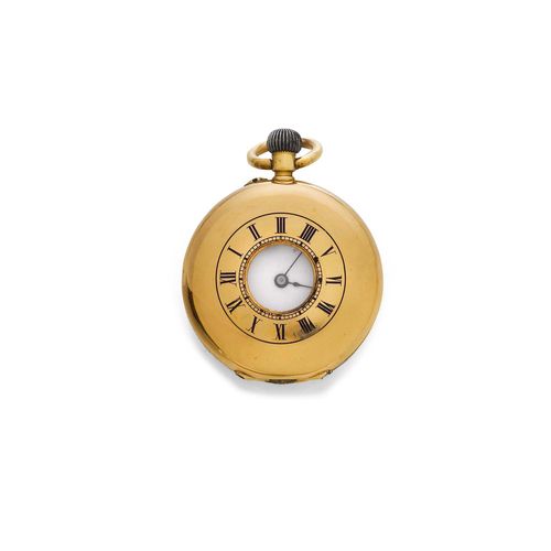 MINI HALF-SAVONETTE PENDANT WATCH, Geneva, ca. 1900. Yellow gold. Case No. 11902, with glass window, blue enamelled dial ring with Roman numerals, and coat-of-arms engraved on the back. Enamelled dial with Roman numerals and blued hands. Dust cover engraved F. Gasser Genève. Lever escapement with Breguet spring and bimetallic balance. D 27mm.