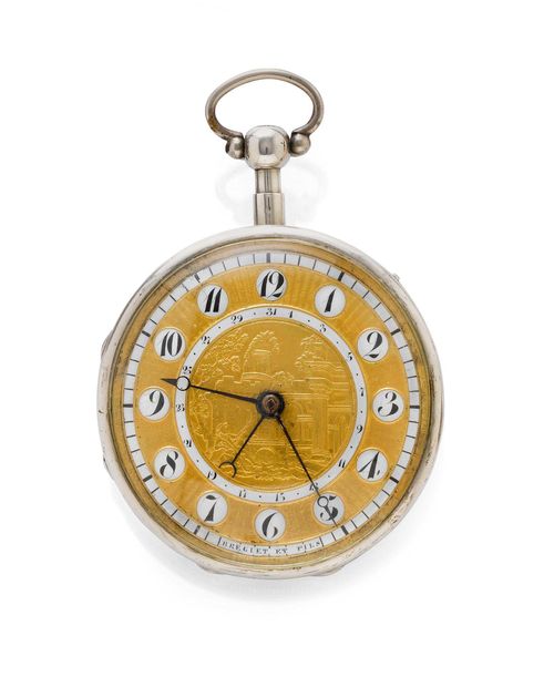 VERGE WATCH, 1/4 REPEATER WITH DATE, BREGUET à Paris, ca. 1820. Silver, 139g. Round case No. 34746 31928 with ribbed profile and engine-turned back. Gold-coloured dial with white enamelled cartouches with Arabic numerals and blue Breguet hands, white enamelled outer minute division and date circle, the centre engraved with antique ruins and a resting wanderer, signed. Sprung dust cover with key winder, metal. Fire-gilt, finely-engraved verge escapement with fusee and chain, signed. 1/4 repeater with strike on 2 gongs. Does not run well: resinified. D 59.
