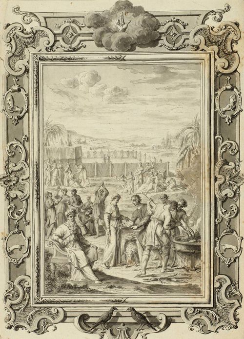 FÜSSLI, JOHANN MELCHIOR (1677 Zurich 1736) Old man amongst the people. Grey pen with grey wash. 28.3 x 20.5 cm.