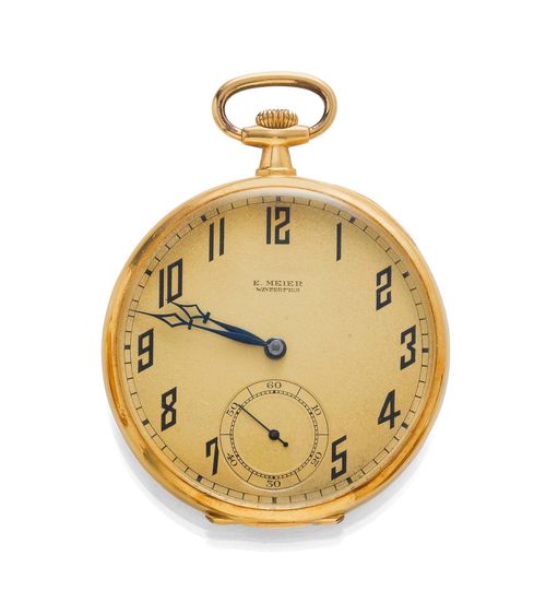 POCKET WATCH, E. MEIER, ca. 1920. Yellow gold 750. Polished case No. 176330/44. Gold-coloured dial with Art Deco numerals and blued hands, small second, slightly stained. Lever escapement with Breguet spring, bimetallic balance. D 47 mm. Matching, gold-plated watch chain, L ca. 47 cm. With case.