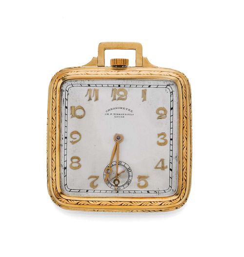 POCKET WATCH, CHRONOMETER, CH. F. TISSOT & FILS, ca. 1920. Yellow gold 585. Square, rounded case No. 31908, with finely decorated profile and rectangular pendant. Silver-coloured dial with Arabic numerals and gold-coloured Breguet hands, outer minute division, small second, slightly stained, signed Ch. F. Tissot & Fils, Locle. Plexiglass. Lever escapement with Breguet spring, bimetallic balance. D 44 x 44 mm.