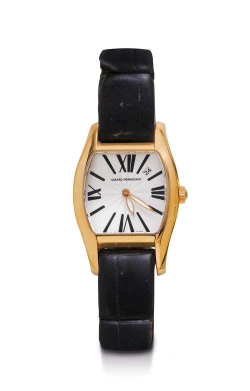 WRISTWATCH, GIRARD PERREGAUX. Yellow gold 750. Ref. 2655, Richeville model. Tonneau-shaped case No. 2OR2 with screw-down back. Fine, engine-turned dial with black Roman numerals and luminous hands, date at 1-2h. Quartz movement No. 13100. Leather band with GP fold-over clasp. D 44 x 30 mm.